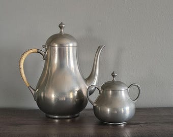 Juego de tetera y azucarero vintage de peltre KMD Tiel, juego de cafetera de mediados de siglo, artículos de metal holandés, juego de té minimalista