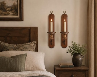 Rustic Wooden Candle Sconces Set of 2, Vintage Wall Mounted Candle Holders, Farmhouse Bedroom Decor, Primitive Style