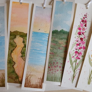 Segnalibri acquerello dipinti a mano, singoli, assortiti, paesaggio e fiori, 2×8, regalo