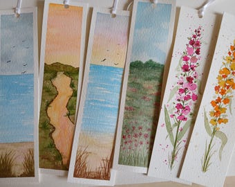 Marque-pages aquarelle peints à la main, un assortiment de paysages et de fleurs, 2 × 8