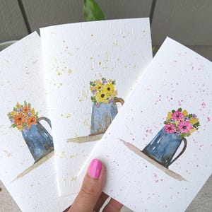 Handgeschilderde bloemen in kan, aquarelwenskaarten, set van 6, 4 x 6