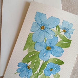 Tarjeta de felicitación floral azul original pintada a mano en acuarela de 5 x 7 pulgadas, para toda ocasión, incluye sobre.