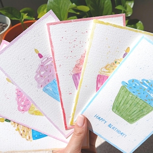 Cartões de cupcake de aniversário em aquarela, pintados à mão, conjunto de 6, 4×6
