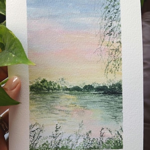 Original Watercolor Glowy Lake Landscape Painting, Serene and Peaceful, Gift, Lake Home Wall art, 5x7