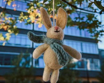 Needle Felt Bunny Ornament – Handmade Wool Rabbit with Scarf – Chrsitmas Tree Decorations – Biodegradable