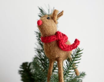 Felt Christmas Reindeer Figurine – Handmade Wool Reindeer with Red Scarf, Xmas Table Decoration