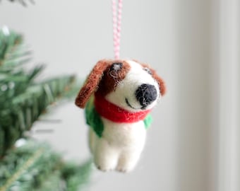 Felt Dog Ornament – Handmade Wool Puppy in Green Sweater & Red Scarf, Christmas Tree Decoration