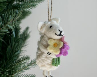 Needle Felted White Lamb Ornament – Handmade Wool Flower Hugging Sheep Decor – Hanging Decorations – Biodegradable