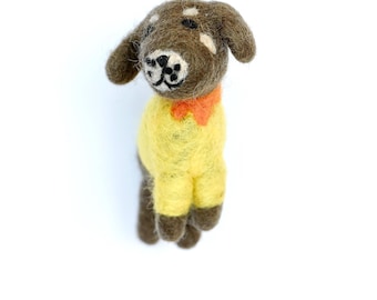Needle Felt Brown Dog Ornament – Handmade Wool Puppy in Yellow Sweater – Hanging Decorations – Biodegradable