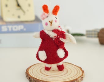 Felt Bunny Ornament – Handmade Wool Rabbit in Red Dress and Scarf, Farmhouse Decoration