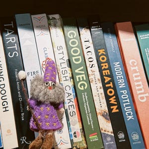 May include: A felt wizard doll with a staff stands in front of a shelf of cookbooks. The books have titles like "Tacos", "Good Veg", and "Stylish Cakes". The wizard wears a purple robe with yellow star accents.