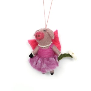 Needle Felted Pig Ornament: Wool Pink Fairy Piglet in Tutu with Flower & Pearls – Biodegradable