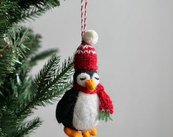 Felt Penguin with Christmas Hat Ornament – Handmade Wool Christmas Tree Decoration, Hanging Decor, Eco-Friendly
