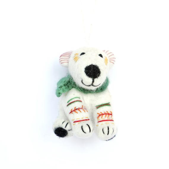 Needle Felted Polar Bear Ornament – Handmade Wool Christmas Decoration – Haning Decor – Biodegradable