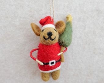 Felt Santa Dog Ornament – Handmade Wool Felt Christmas Puppy with Tree, Cozy Holiday Decoration