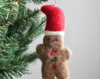 Felt Christmas Gingerbread Man Ornament – Handmade Wool Felt Xmas Tree Decor – Biodegradable Hanging Decoration