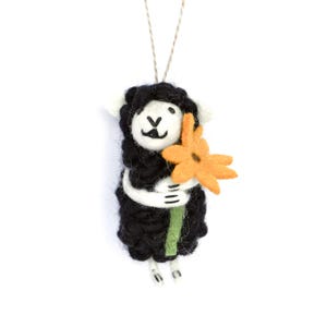 Needle Felted Black Lamb Ornament:  Handmade Wool Sheep with Orange Flower – Hanging Decoration – Biodegradable