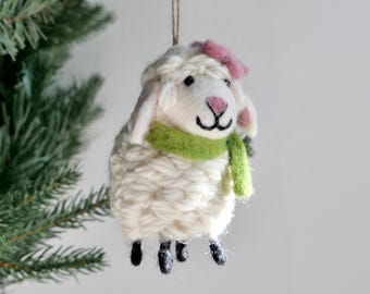 Felt Sheep Ornament – Handmade Wool Lamb with Pink Flower & Green Scarf, Christmas Ornament