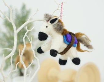 Felt Horse Ornament with Blue Saddle – Handmade Wool Farm Animal, Rustic Animal Decor