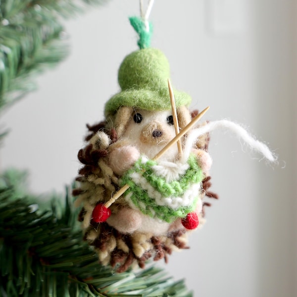 Felt Hedgehog Ornament – Handmade Wool Knitting Hedgehog, Cozy Woodland Christmas Decoration