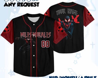 Personalize Spiderman Miles Morales Black Red, Custom Kid Youth Adult Disney Jersey Spider Man Jersey, Baseball Jersey, Gift for Disney Fans
