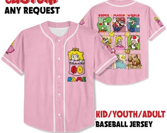 Spersonalizowana koszulka baseballowa Super Mario, koszulka urodzinowa dla dziewczynki Super Mario Luigi Princess Peach, koszulka urodzinowa dla chłopca Mario, koszulka rodzinna Mario
