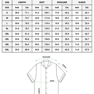 K&ouml;nnte beinhalten: Gr&ouml;&szlig;entabelle f&uuml;r ein AOP Pocket Regular Fit Hawaiian Shirt. Gr&ouml;&szlig;en von S bis 5XL, mit Ma&szlig;en in Zoll und cm f&uuml;r L&auml;nge, Brustumfang, Schulter und &Auml;rmel. Eine Diagramm der Hemdma&szlig;e ist enthalten.
