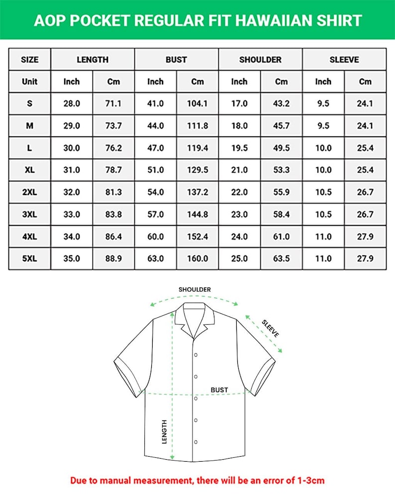 K&ouml;nnte beinhalten: Gr&ouml;&szlig;entabelle f&uuml;r ein AOP Pocket Regular Fit Hawaiian Shirt. Gr&ouml;&szlig;en von S bis 5XL, mit Ma&szlig;en in Zoll und cm f&uuml;r L&auml;nge, Brustumfang, Schulter und &Auml;rmel. Eine Diagramm der Hemdma&szlig;e ist enthalten.
