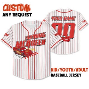 Camisa de carro Mcqueen personalizada, camisa de beisebol com texto personalizado, camisa do Lightning Mcqueen, presente para crianças, presente de aniversário da Disney, presente para fãs de beisebol