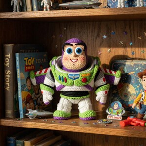 May include: A handmade crochet Buzz Lightyear doll, featuring a white and green spacesuit with purple accents. The doll has large blue eyes and a smiling expression. The doll is approximately 10 inches tall.