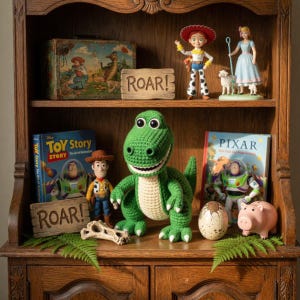 May include: A wooden cabinet displays Toy Story themed items. A green crocheted dinosaur is the focal point, alongside figurines of Woody, Jessie, and Bo Peep. Books, a piggy bank, and a dinosaur egg are also present. The word "ROAR!" is on a wooden sign.