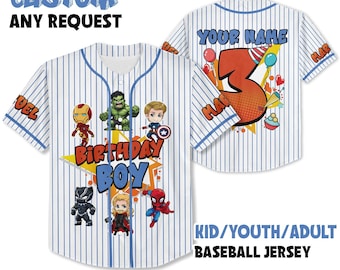 Camiseta de béisbol personalizada de superhéroe para cumpleañero, camiseta de fiesta de superhéroe, nombre y edad personalizados, camiseta de cumpleañero