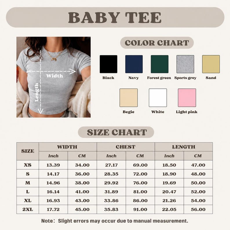 May include: A baby tee size and color chart featuring a grey short-sleeved shirt with width and length measurement arrows. The graphic includes a color palette of black, navy, forest green, sports grey, sand, beige, white, and light pink options.