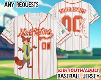 Custom Nick Wilde Zootopia Baseball Jersey, Disney Nick Wilde Jersey Shirt, Disneyland Birthday Gift, Disney Baseball Fan Lover Gift