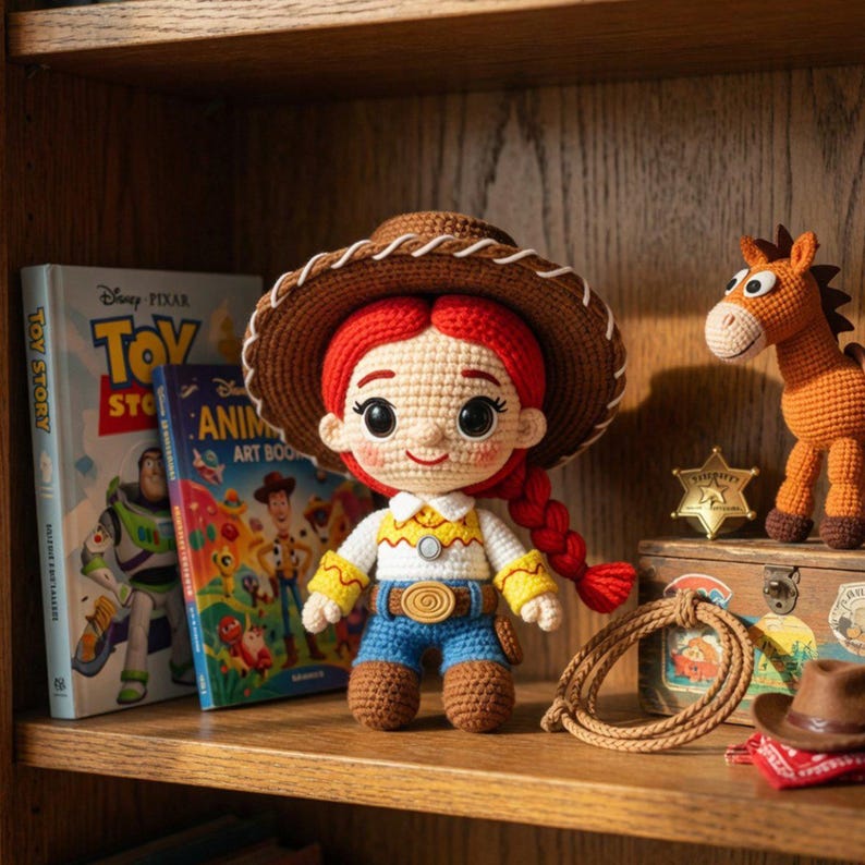 May include: A crocheted doll of a cowgirl with red hair, wearing a brown hat, yellow shirt, blue jeans, and brown boots. A crocheted horse, a rope, and a sheriff's badge are also visible. Books with the title "Toy Story" are in the background.