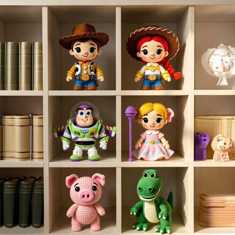 May include: A collection of handmade crochet dolls, including a cowboy, cowgirl, space ranger, and other characters. The dolls are displayed on a white shelf with a neutral background. Each doll has detailed features and vibrant colors.