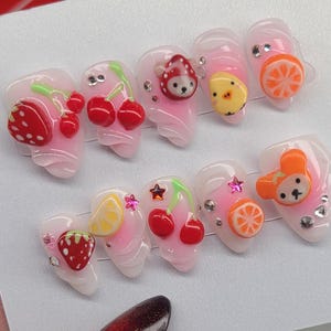 Rilakkuma Strawberry Press On Nails: 3D Kawaii Bear Nail Art