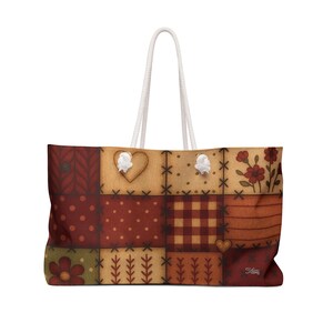 Patchwork Folk Heart Weekender Bag | Rustic Plaid Floral Tote