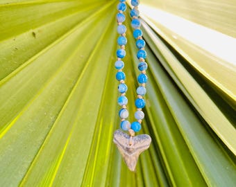 Real Florida Shark Tooth Necklace | Blue Beaded Coastal Ocean Jewelry