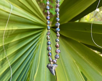 Peacock Pearl and Shark Tooth Necklace | Iridescent Ocean-Inspired Statement Jewelry