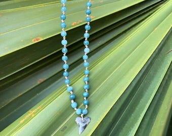 Shark Tooth Necklace with Aquamarine Beads | Edgy Ocean Coastal Jewelry