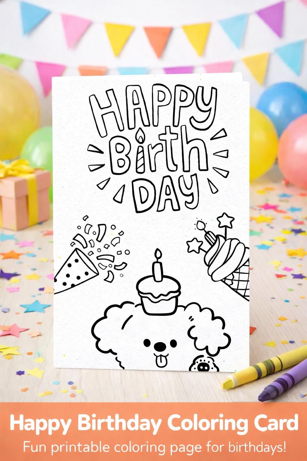 Dog Birthday Coloring Card | Printable Kids Activity (instant Download ...
