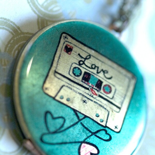 Locket pendant Necklace with Vintage pastel Cassette  tape -- Mixtape --  Totally 80s