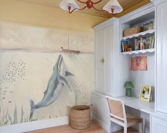 Cloudy Sea Wallpaper for Girls Bedroom, Watercolor Ocean Wall Mural with Sailboat, Soft Whale Wallpaper for Kids Room