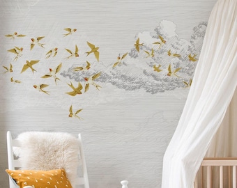 Birds wallpaper with swallows for nursery or kids room, sky clouds wallpaper, pvc free, removable or traditional wall mural, high definition