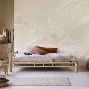 Neutral Cloud & Birds Wallpaper Mural – Soft Beige Sky Wall Art for Kids Room or Nursery immagine 3