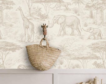Neutral Safari Nursery Wallpaper, Beige Animal Wallpaper for Baby Boy Room