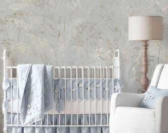 Behangmuur met grijze wilde bloemenweide - kinderkamer of slaapkamer