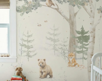 Woodland Animal Wallpaper Mural, Neutral Forest Wallpaper for Kids Room, Whimsical Wallpaper with Bear, Deer and Squirrel