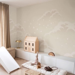 Carta da parati murale neutra con nuvole e uccelli – Cielo beige tenue per la cameretta dei bambini o l'asilo nido, 2-203 colori 1